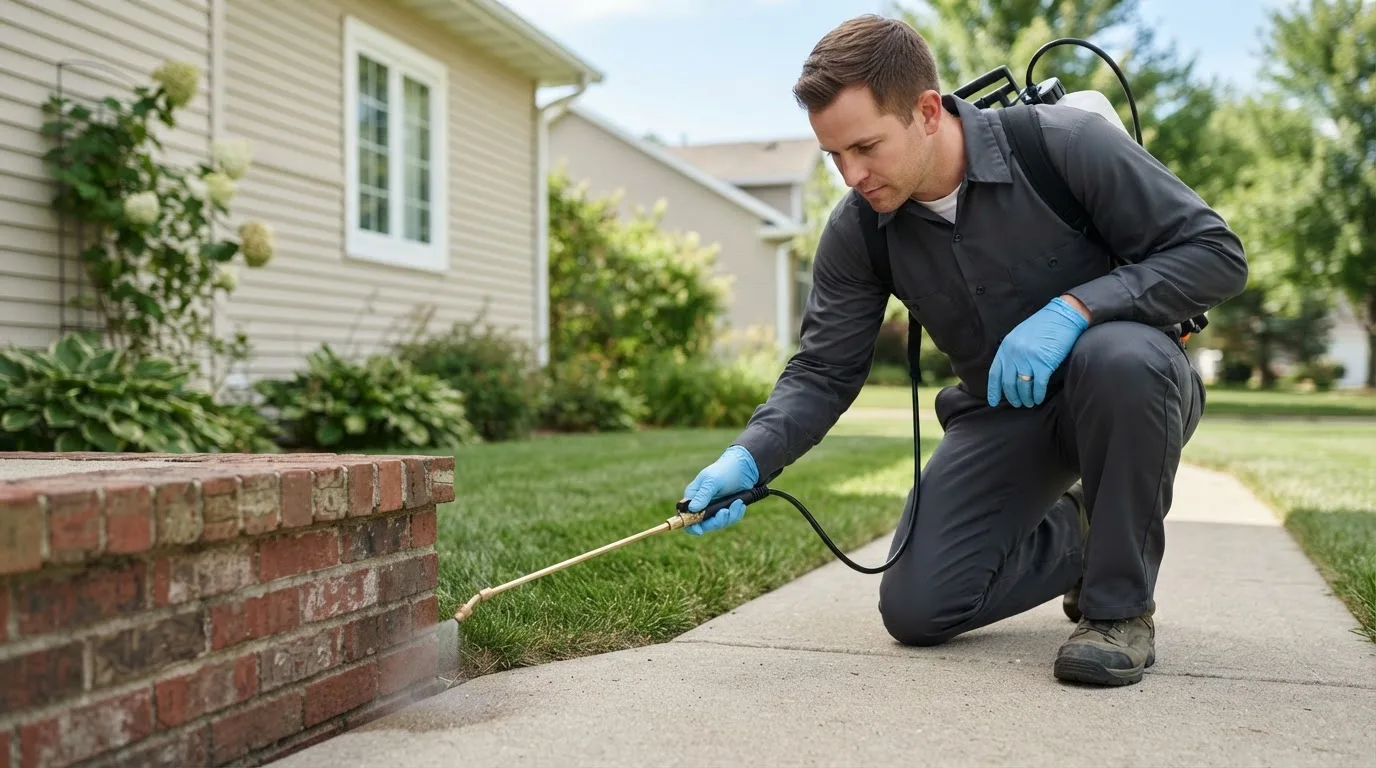 Pest control technician treating a home near Lake Dallas, TX